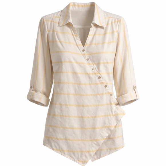 Soft Surroundings Tops - Soft Surroundings Striped Tunic Top  Large Yellow Cream Asymmetrical Button